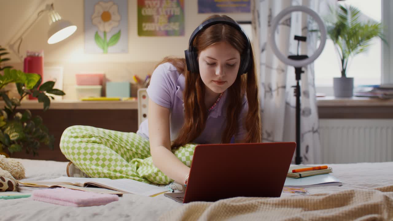 Teenage Girl Studying on a Laptop in Her Bedroom