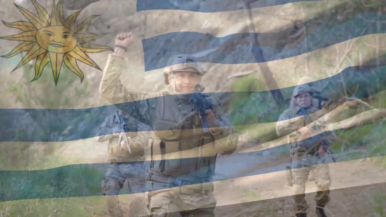 animación de la bandera de uruguay sobre varios soldados