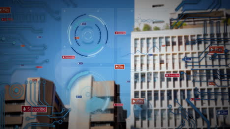 animation of play and subscribe buttons on digital interface over urban building