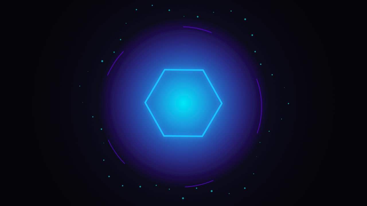 Glowing Neon Hexagon with Rotating Abstract Particles