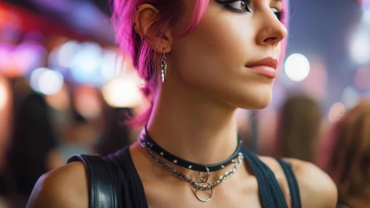 Un ritratto di una giovane donna con capelli rosa e accessori audaci in un vivace contesto sociale, catturata con illuminazione dinamica.
