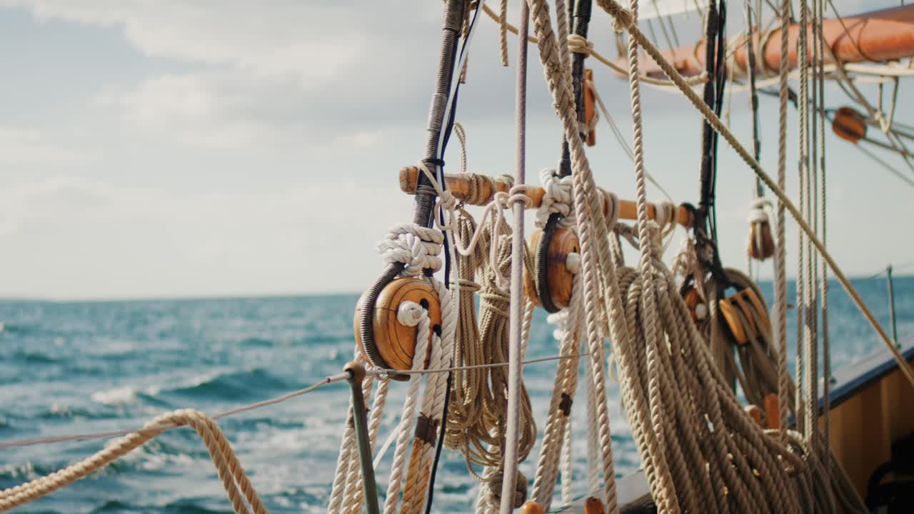 Vista ravvicinata di cime e sartiame su una nave a vela tradizionale in mare
