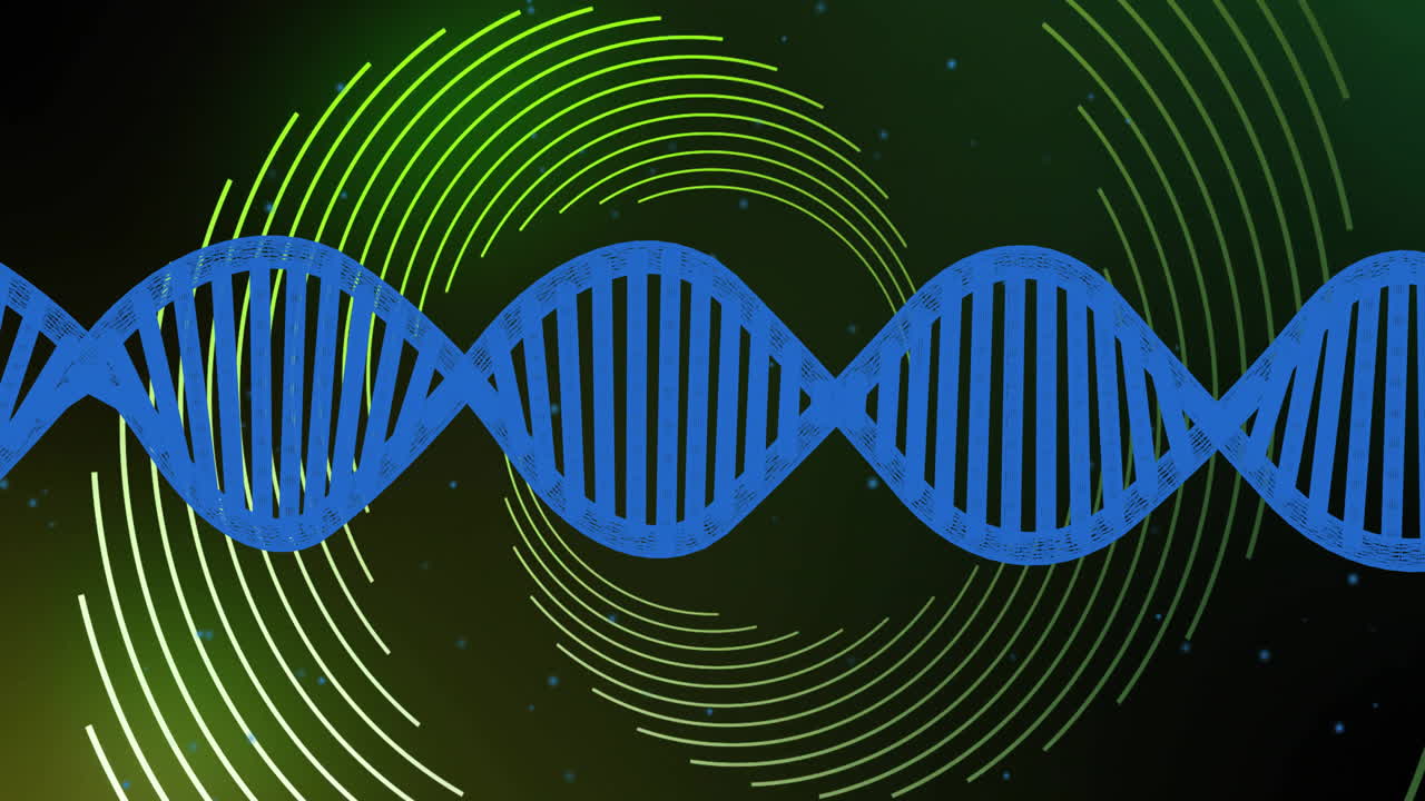 Blue DNA double helix glowing horizontally, with green arcs radiating and particles hovering