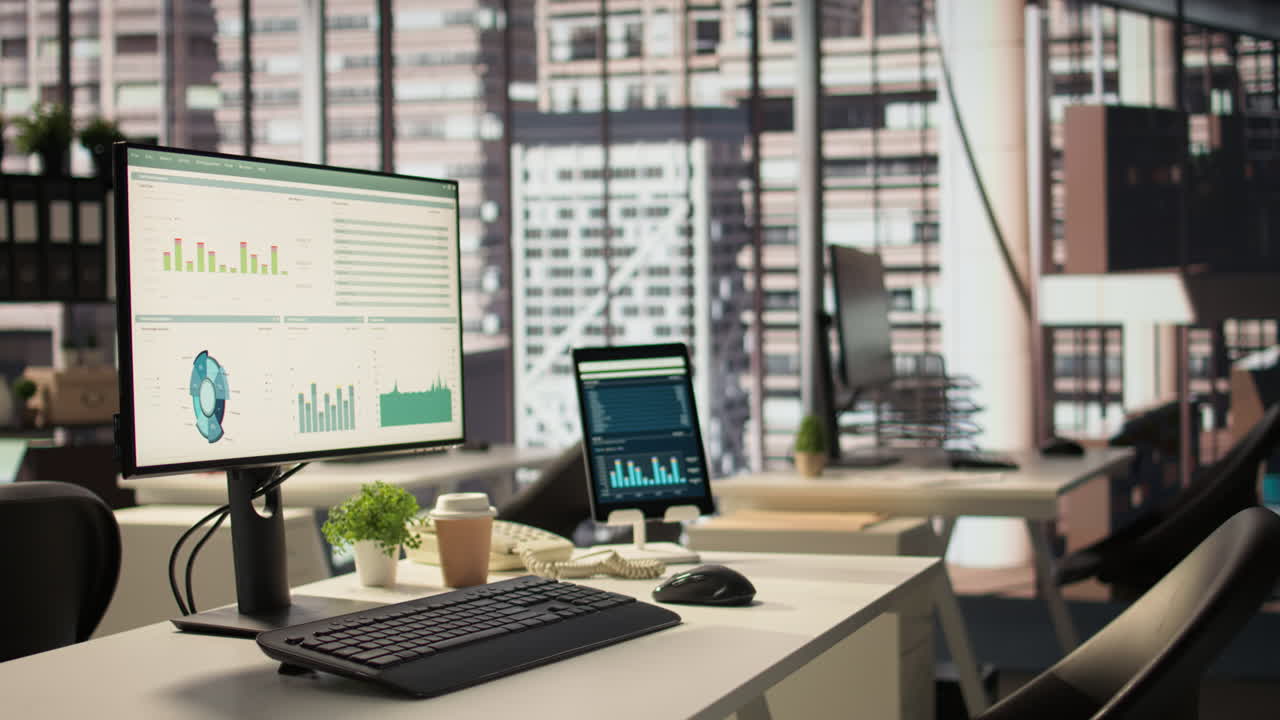 espacio de trabajo de oficina moderno con vista a la ciudad