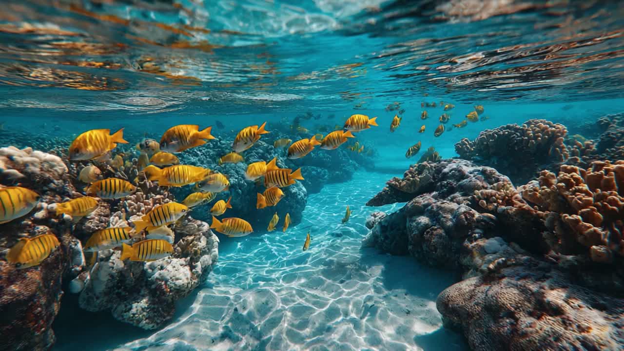 Una vibrante scena subacquea che cattura banchi di pesci gialli che nuotano attraverso barriere coralline nelle acque cristalline di un ambiente oceanico tropicale.
