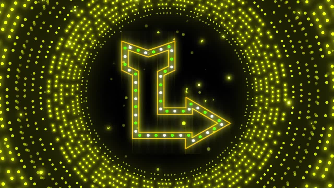 ⁇ 박이는 노란색 빛 패턴 위에 네온 화살표의 애니메이션