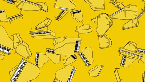 many yellow pianos on yellow background.