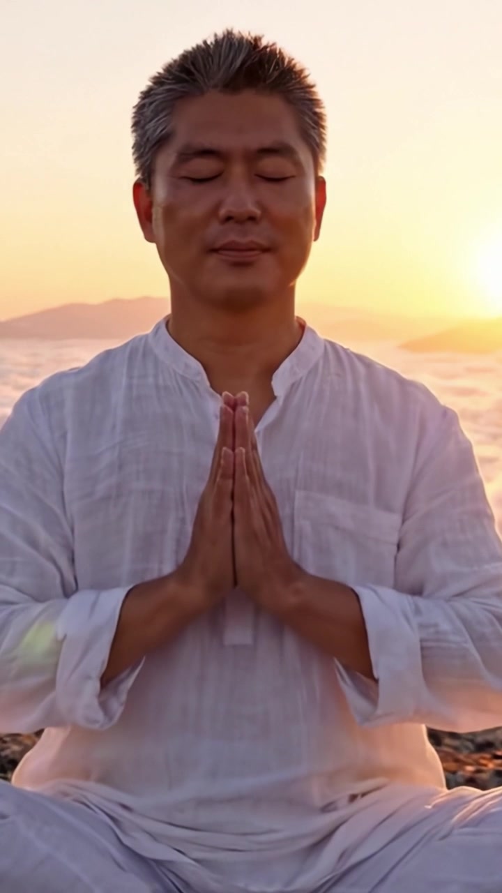 ช่วงเวลาแห่งการทำสมาธิอันเงียบสงบยามพระอาทิตย์ขึ้น โอบรับความสงบสุขในทิวทัศน์ที่สวยงามด้วยบรรยากาศที่สงบและขอบฟ้าอันงดงาม