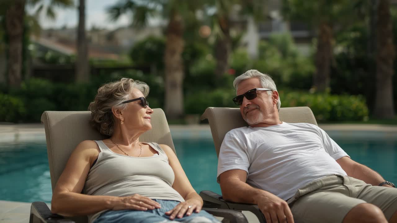 Lying senior couple sharing looks after woman lifting head on lounge chairs in sun with shades