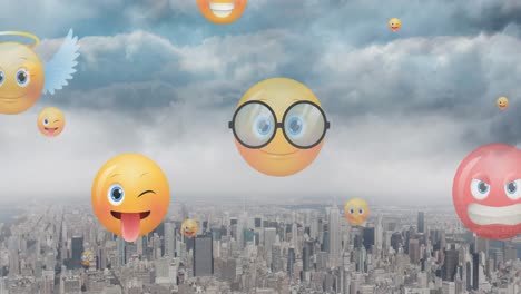 animation of emoji icons flying up over cityscape