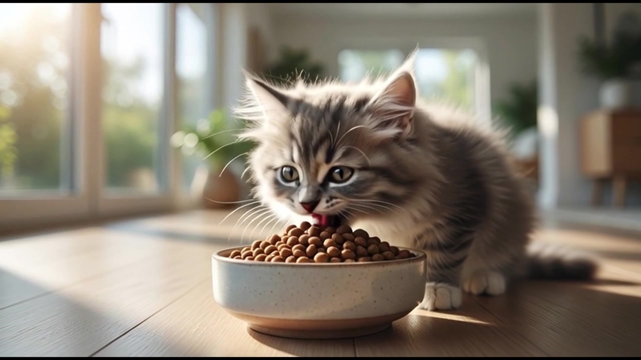 Fluffy killing spiser tørfoder fra en skål