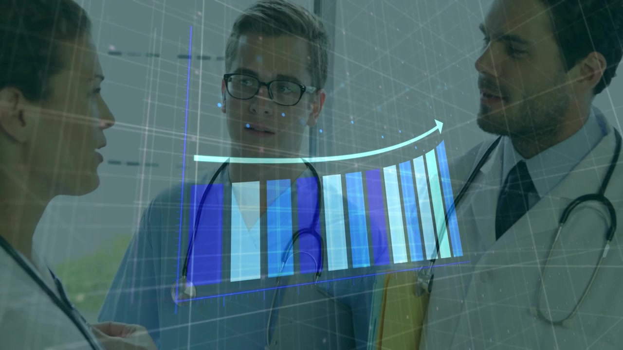 Medical team standing in corridor, activating grid spawning bar graph showing upward trend arrow