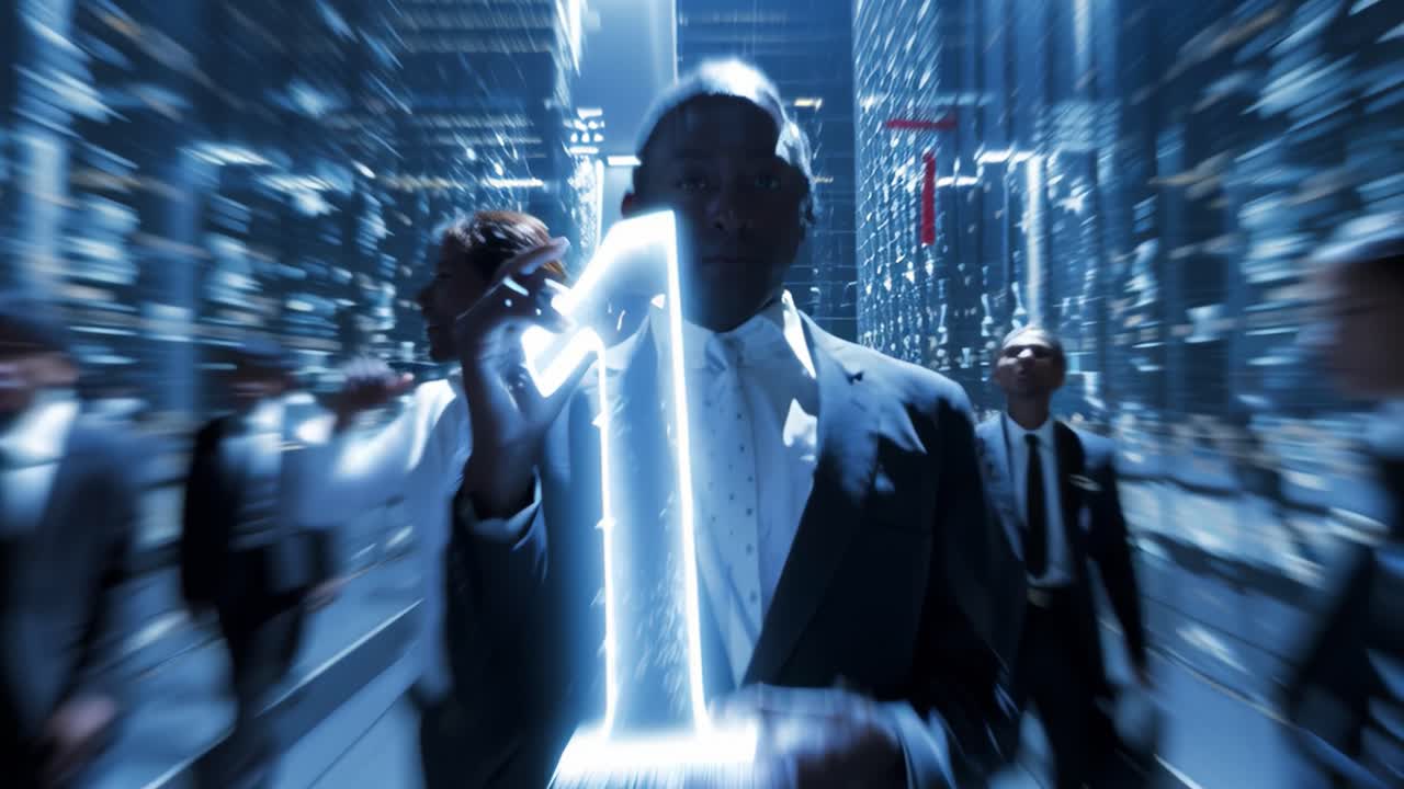 Dynamic Moment Highlighting a Group of Individuals Celebrating Unity and Progress with Symbolic Number One, Set Against a Futuristic Urban Background
