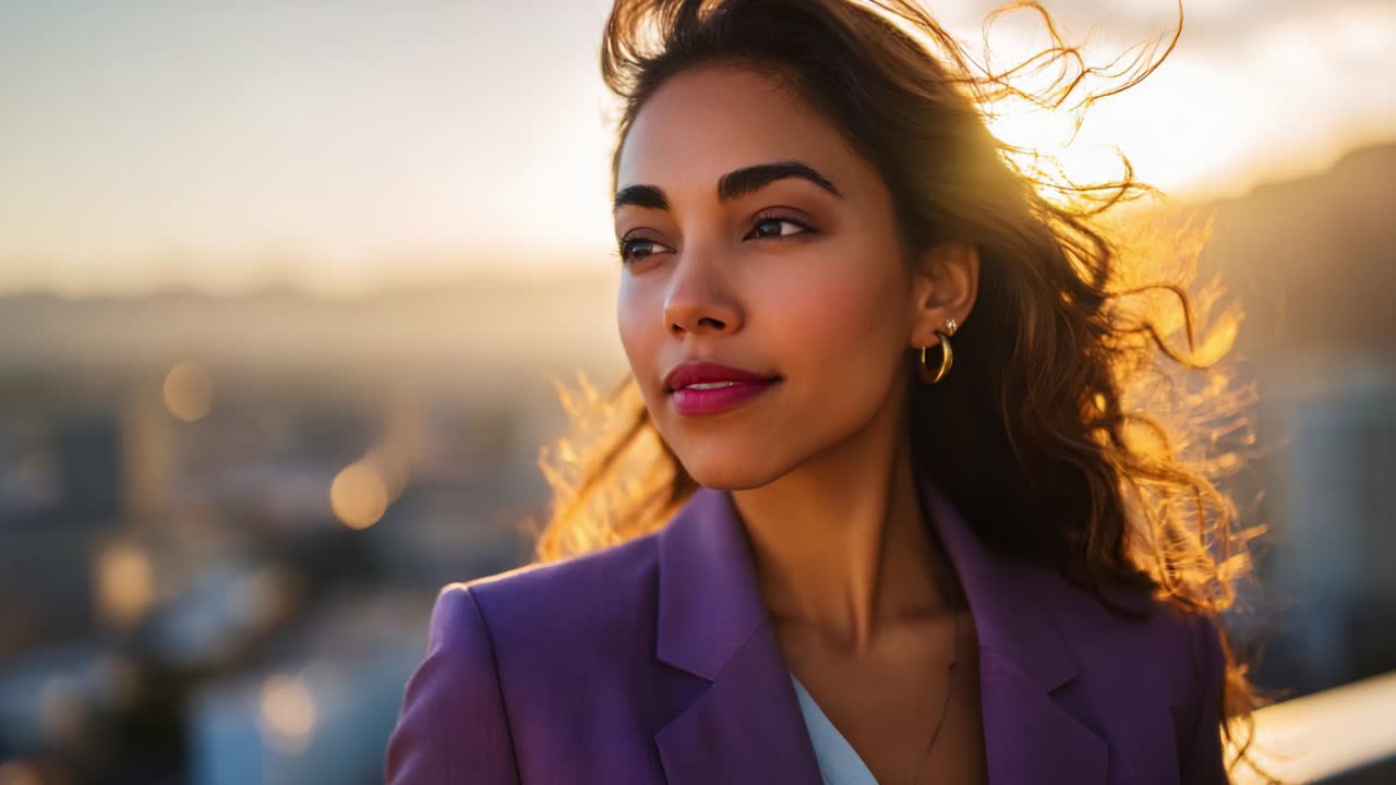 A woman stands gracefully against a breathtaking sunset backdrop, her wind-swept hair and confident expression highlighting the beauty of twilight and self-assurance in this captivating moment