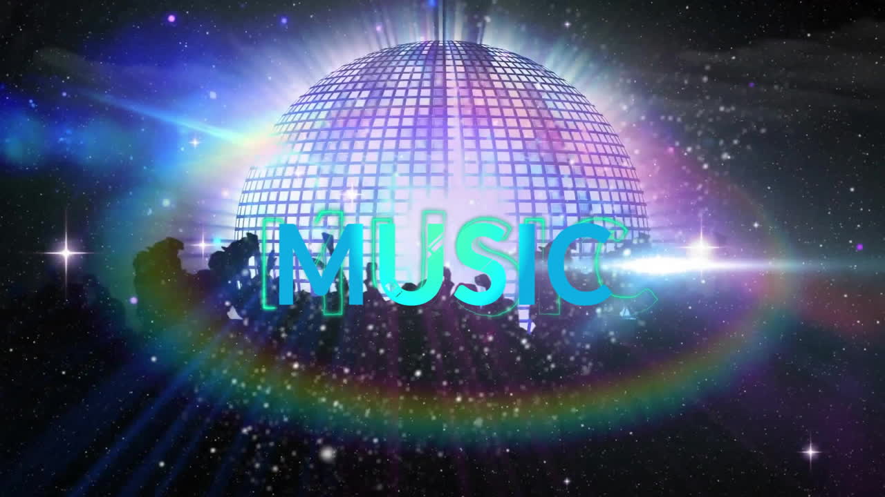 Animation of music text over light spots with disco ball and people dancing