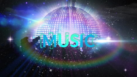 animation of music text over light spots with disco ball and people dancing