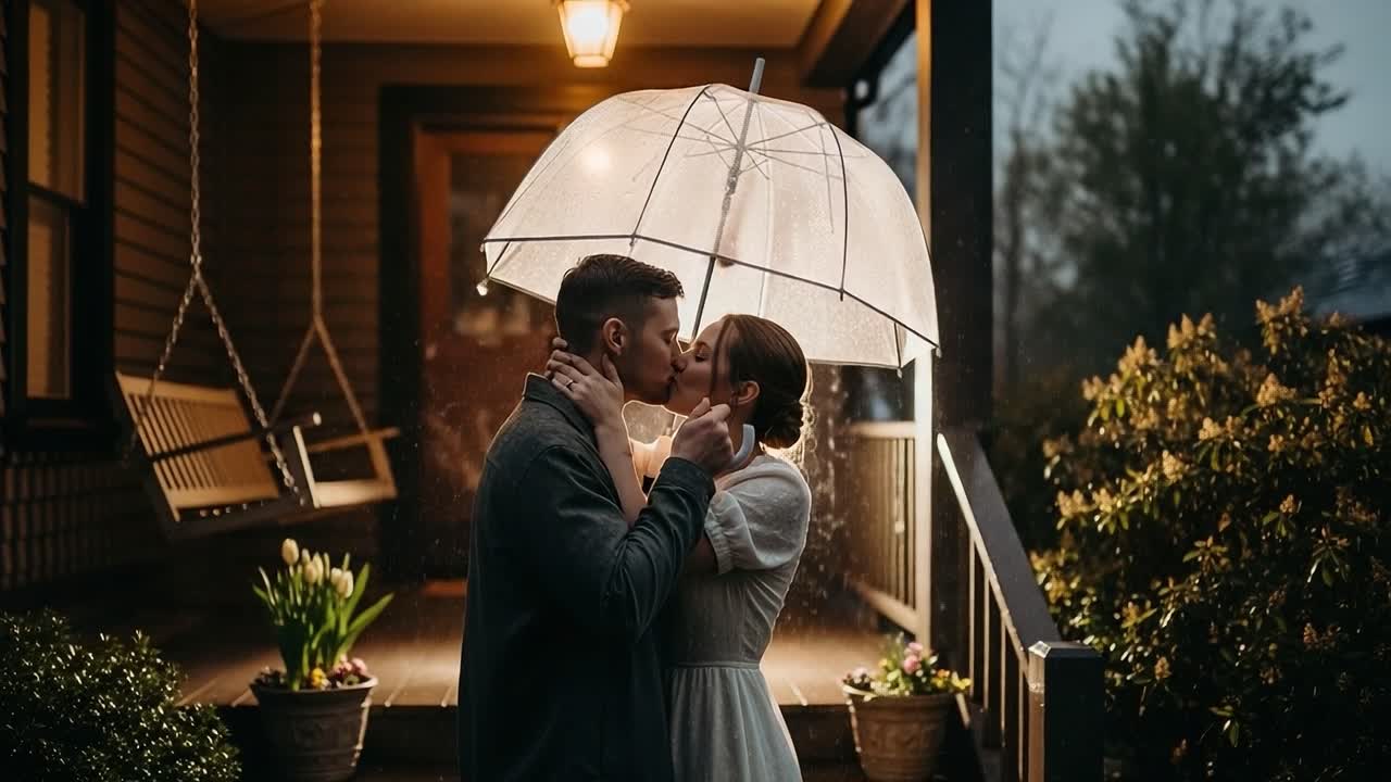 A Romantic Moment Under the Rain: A Couple Embracing and Kissing Beneath a Transparent Umbrella on a Rainy Evening, Capturing Love and Connection