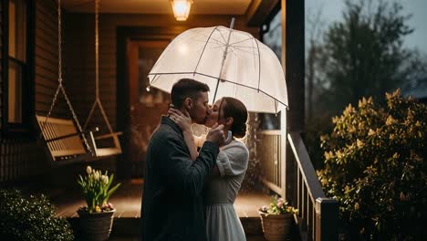 a romantic moment under the rain: a couple embracing and kissing beneath a transparent umbrella on a rainy evening, capturing love and connection