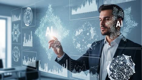 exploring the future of artificial intelligence: a visionary engages with data through an interactive display, analyzing insights and trends in a high-tech environment