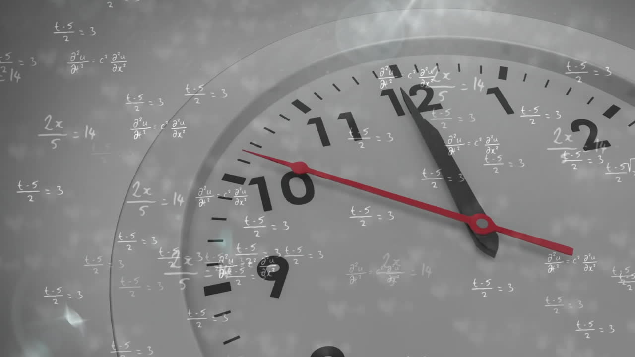 Mathematical equations overlaying clock face, symbolizing time and calculations animation
