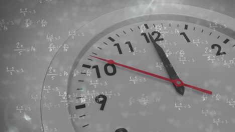 mathematical equations overlaying clock face, symbolizing time and calculations animation