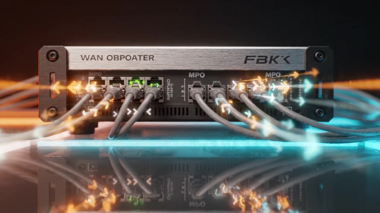 Modern WAN Splitter Device Showcasing Multiple MPO Connections and Cables on a Backlit Surface in a High-Tech Environment