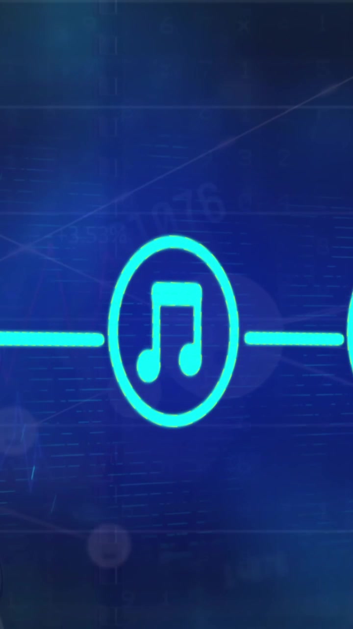Animazione di icone digitali su una rete di connessioni su sfondo blu.
