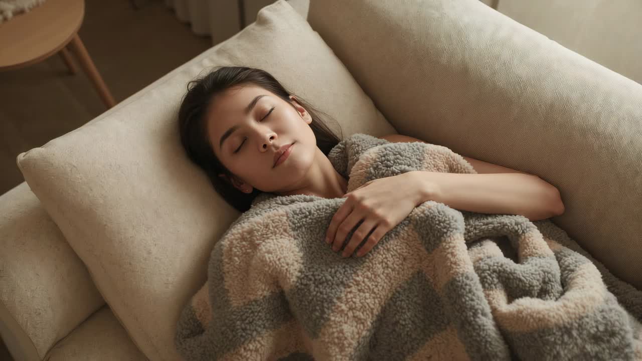Soft light rousing adult Asian woman, opening eyes and adjusting sherpa blanket on sofa at home