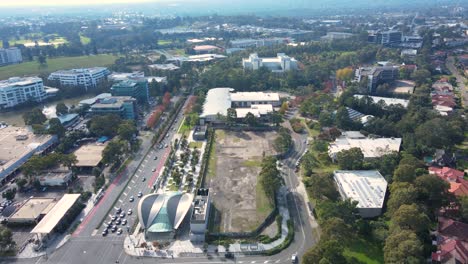 aerial drone view of norwest business park in the suburbs of norwest and bella vista, sydney showing the norwest metro station
