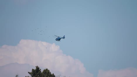 un helicóptero en el cielo acercándose a la bandada de aves