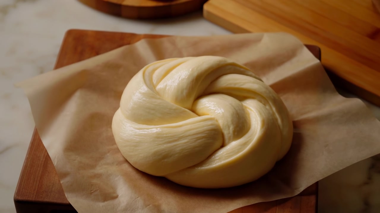 A pale knotted piece of raw dough sits on parchment paper atop a rustic wooden board in a warm kitchen scene, with soft natural light and blurred utensils in