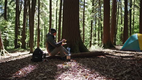 a person enjoys a meal while solo camping in a sunlit forest