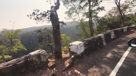 wide angle shot of travelling on a forest hill road on the way to pachmarhi in madhya pradesh india
