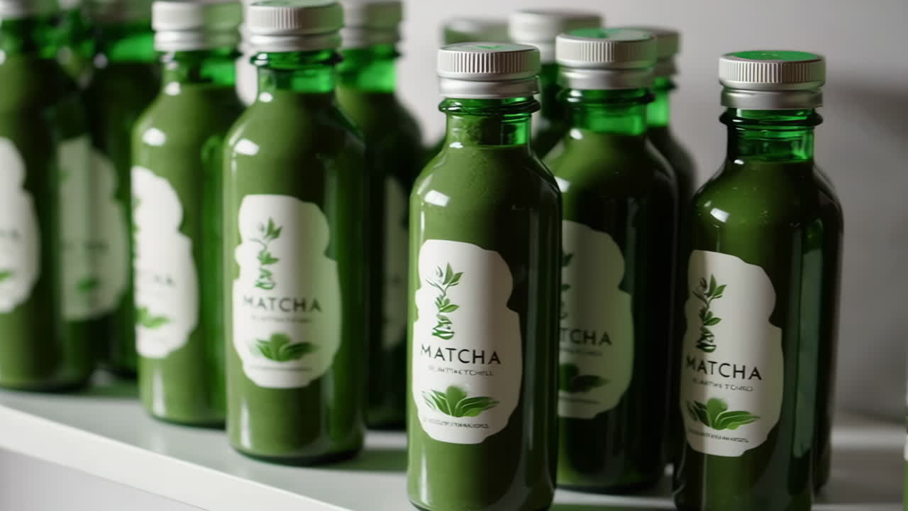 A row of green matcha tea bottles