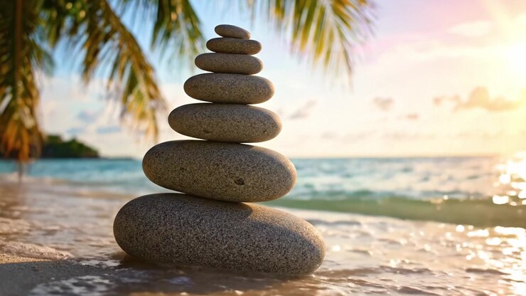 Scène de plage tranquille avec une tour de pierres équilibrées sous un coucher de soleil doré, capturant la sérénité et la beauté naturelle au cœur d'un paradis tropical.