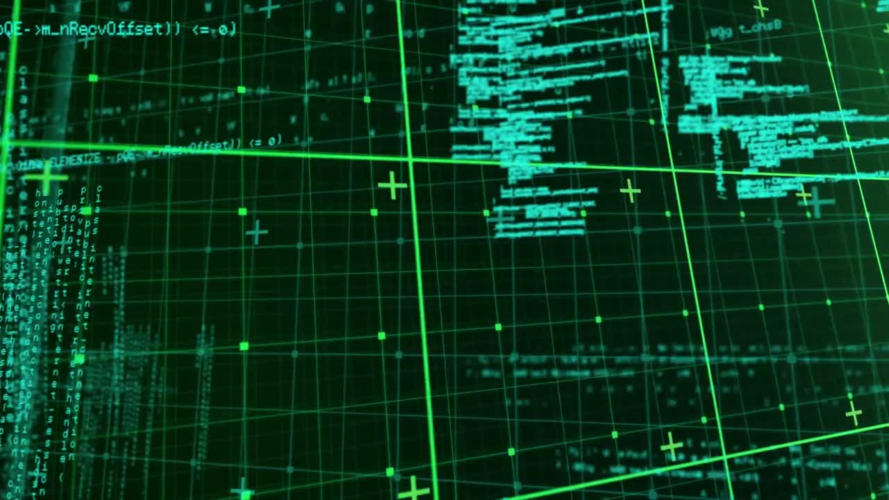 Animation of data processing over grid network against green background