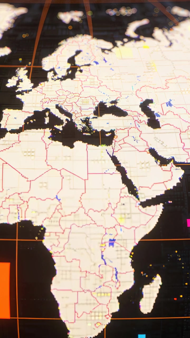 Video verticale: Telecamera in panoramica che si muove verso il basso su uno schermo verticale, mostrando una mappa digitale EMEA con indicatori.