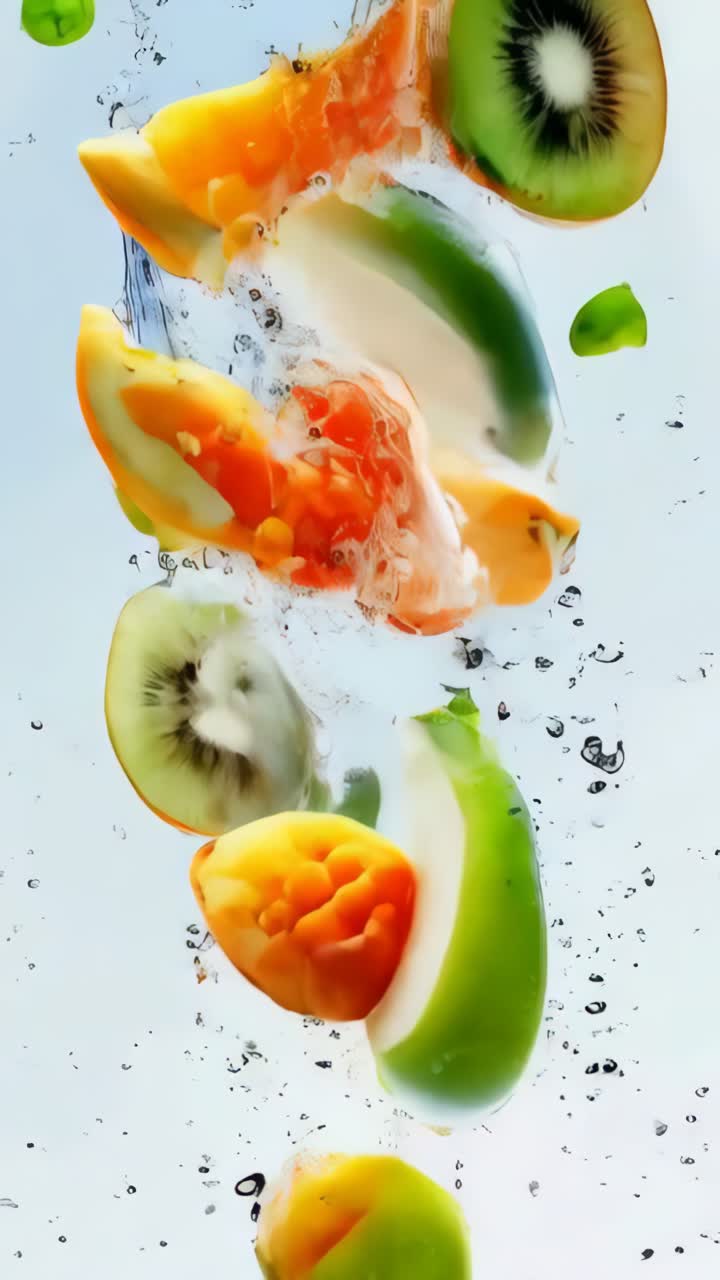 A fruit salad with an orange and apples in water splash