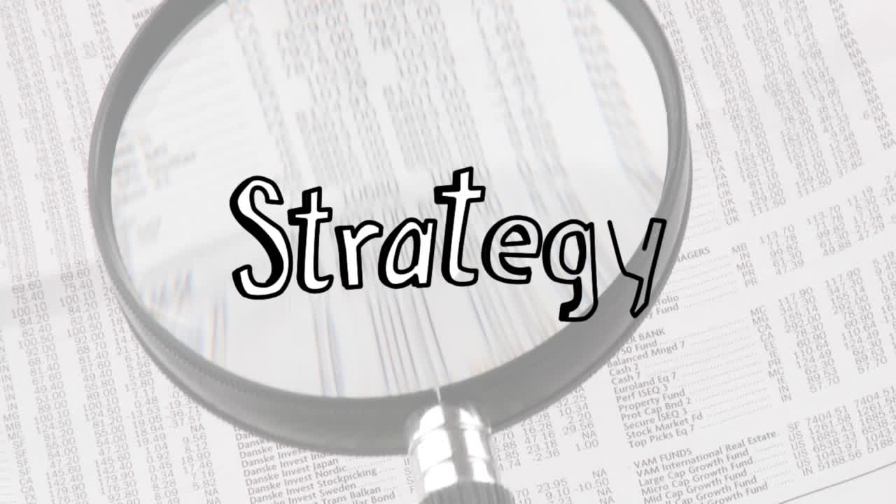 Animation of strategy text over magnifying glass