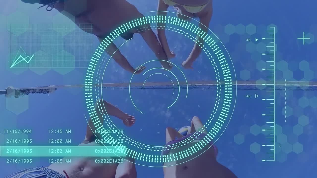 animación de escaneo de alcance y procesamiento de datos sobre personas caucásicas jugando al voleibol.