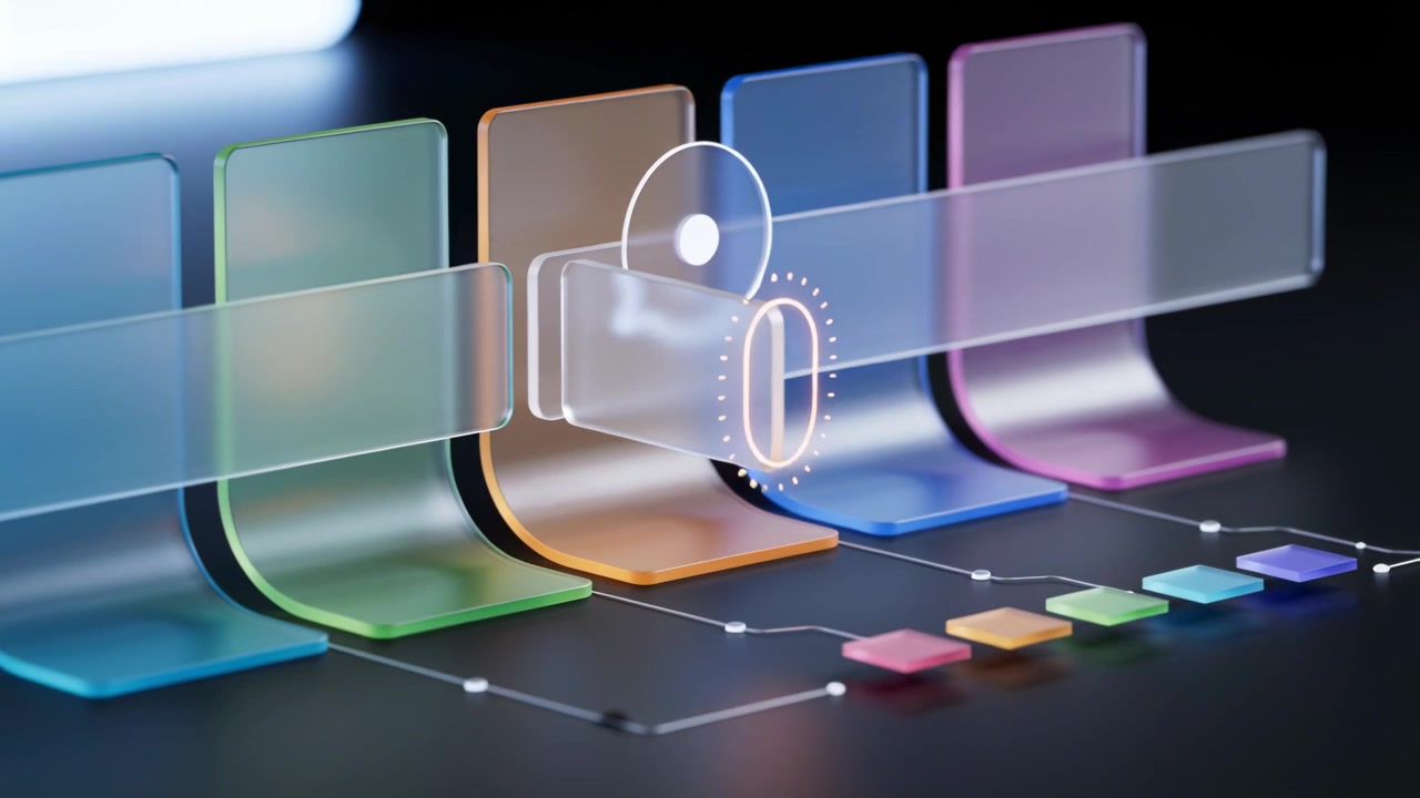 Glowing token appearing by panel becoming cylinder and sliding on frosted ribbon routing flow