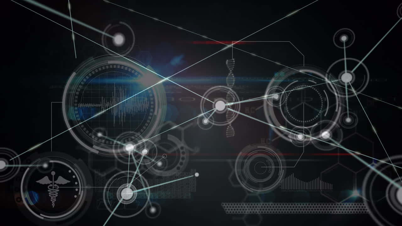 파란색 배경에 대한 의료 데이터 처리와 디지털 인터페이스를 통한 연결 네트워크