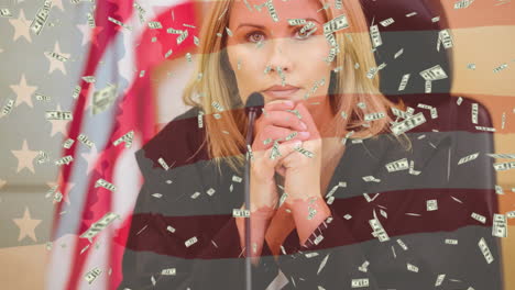 animación del juez y los billetes que caen sobre la bandera estadounidense