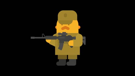 sergeant with mustache walking and shoots from machine gun. alpha channel