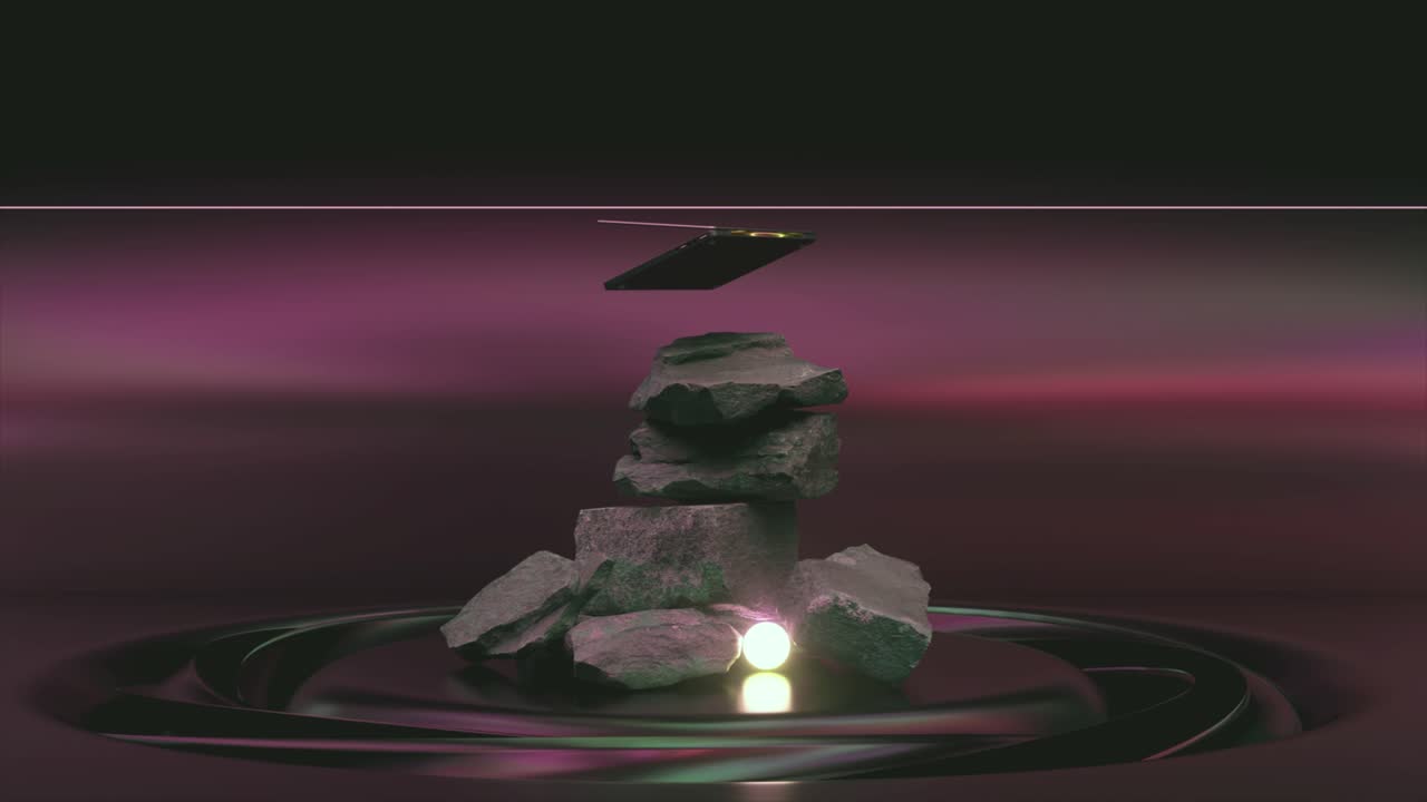 renderizado en 3d de rocas apiladas con símbolo flotante