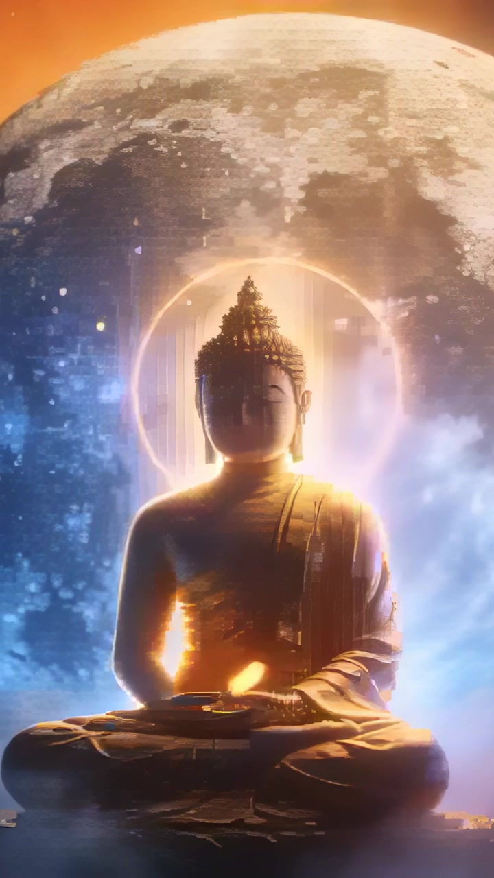 Video verticale: Luna piena che pulsa dietro una statua dorata di Buddha, con alone che brilla e nebbia che si dirada.