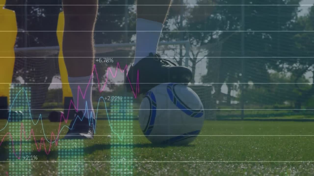 animación del procesamiento de datos financieros sobre un jugador de fútbol caucásico en el campo