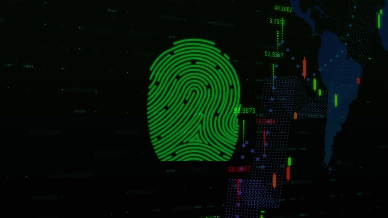 animación de huellas dactilares biométricas sobre el procesamiento estadístico y el mapa del mundo