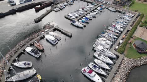 aerial view of snaptun harbor, marina near horsens town in denmark