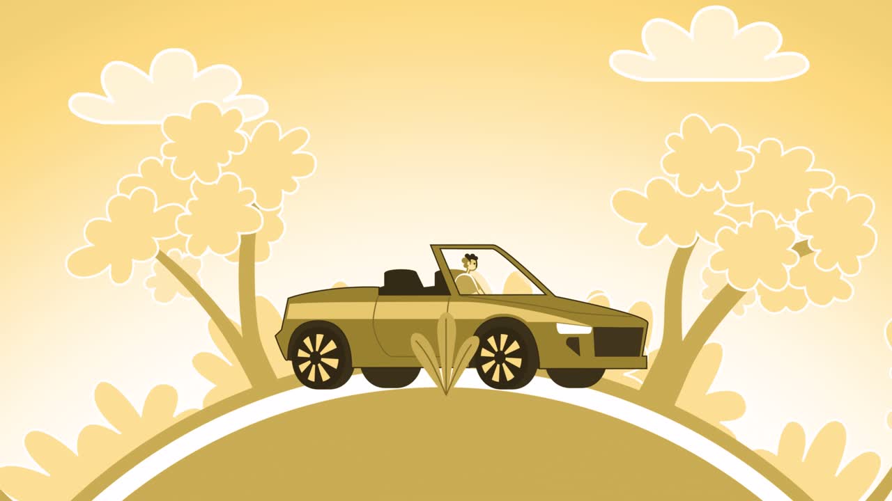 노란색 스타일의 남자 평평한 캐릭터 야외 운전 컨버터블 자동차 루프 애니메이션
